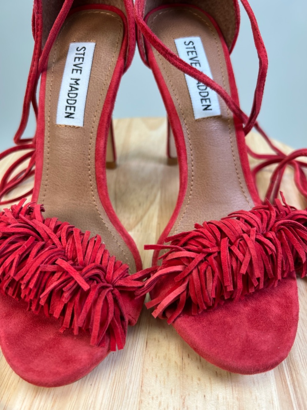 Steve Madden Red Suede Tassel Fringe Ankle-Tie Heels Sassey Size 5.5 - Picture 3 of 16